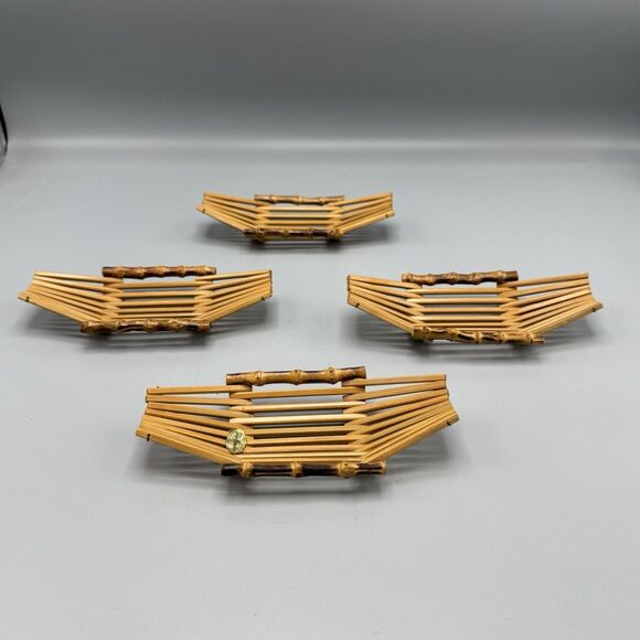 Vtg Set of 4 Top Bamboo Dish Boat Shape Dining Serveware Sushi Towel Holder - Picture 4 of 7